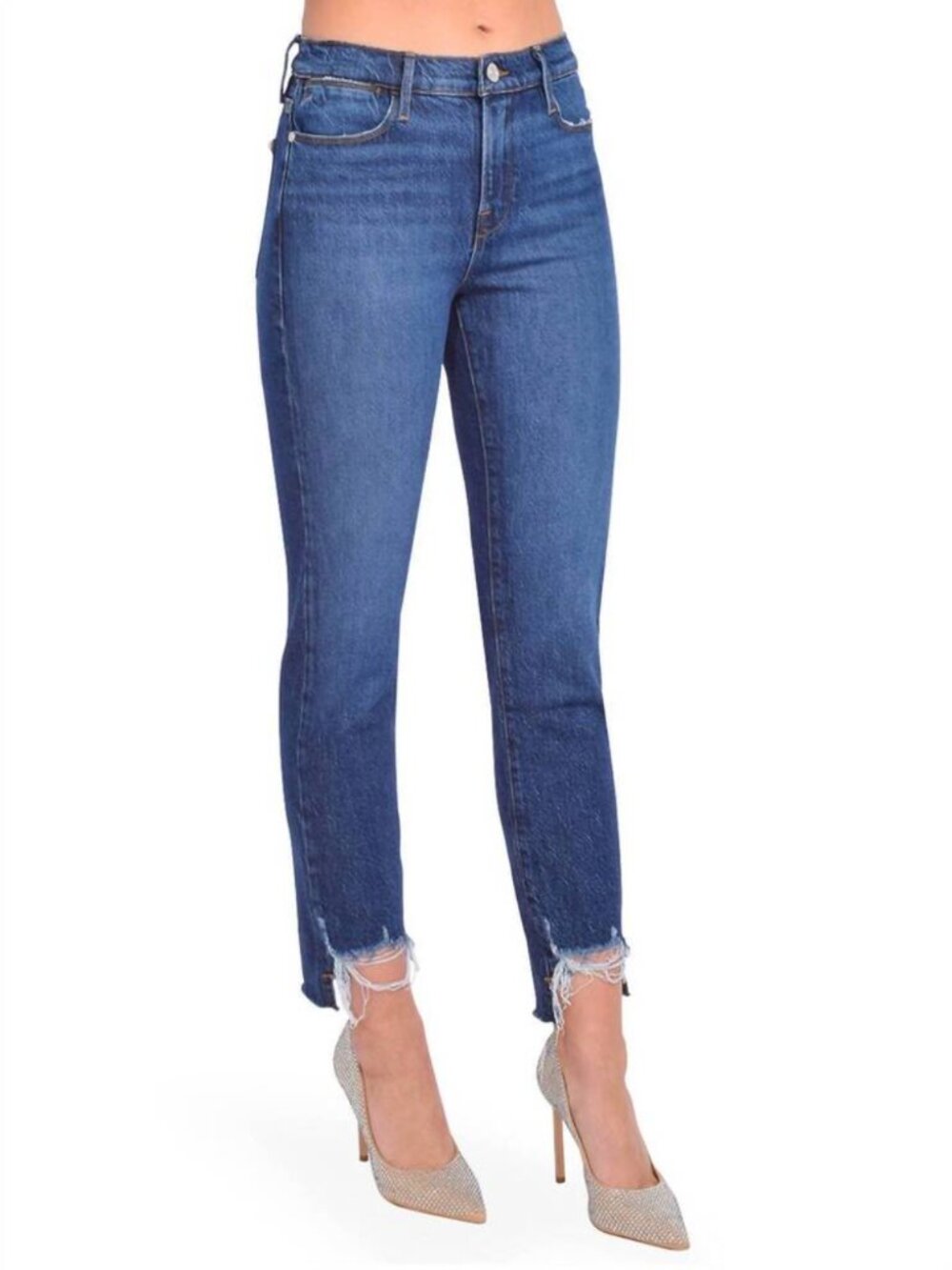 Frame Le High Straight Leg Distressed Cropped Stretch Jeans Medium Blue Wash, 29